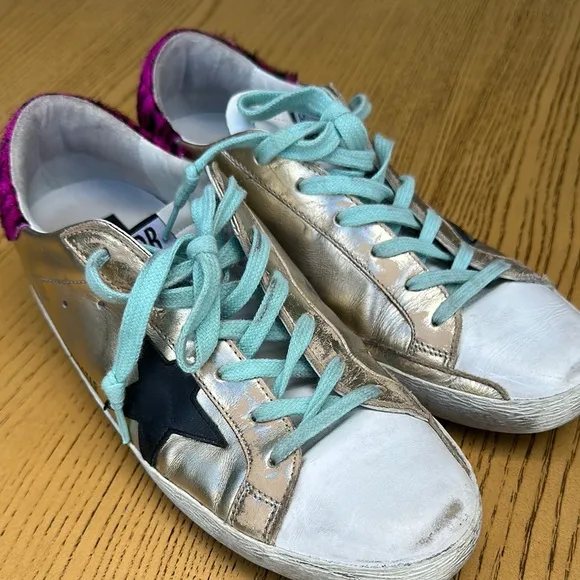 Golden Goose Women's Gold Sneakers with Black Star (Superstar Distressed Leather
