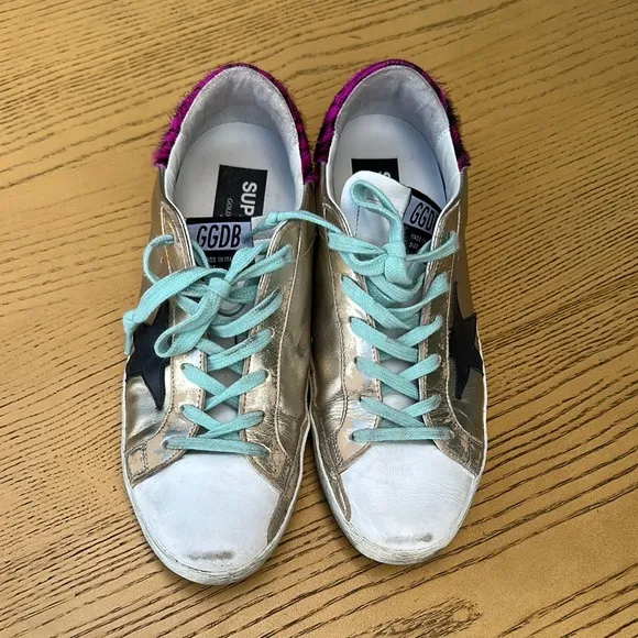 Golden Goose Women's Gold Sneakers with Black Star (Superstar Distressed Leather
