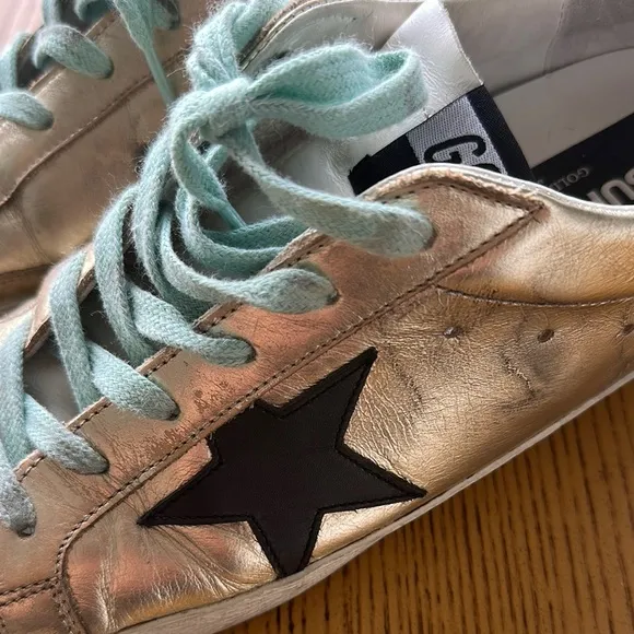 Golden Goose Women's Gold Sneakers with Black Star (Superstar Distressed Leather