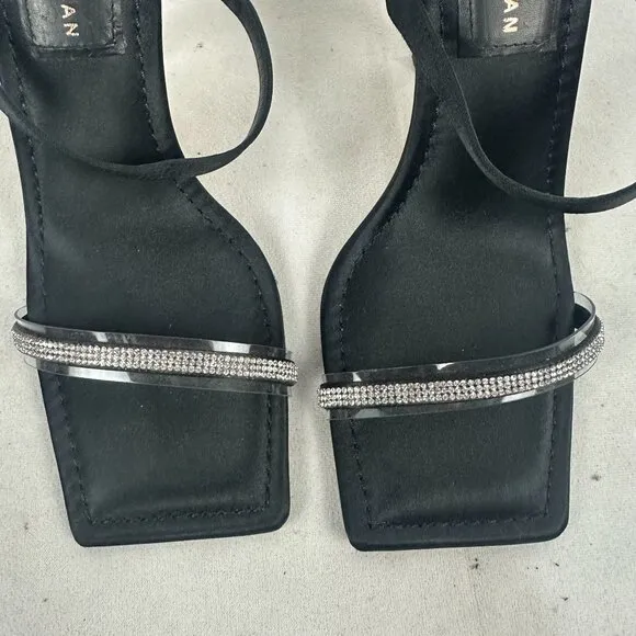 Good American Black Satin Rhinestone High Heel Sandals Size 8.5