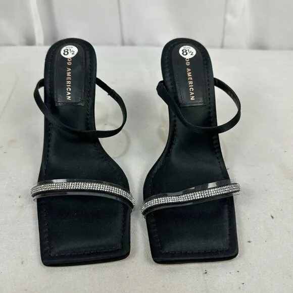 Good American Black Satin Rhinestone High Heel Sandals Size 8.5