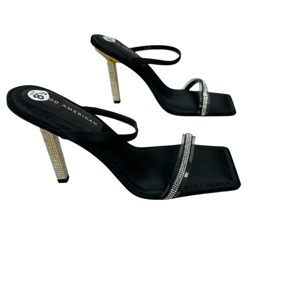 Good American Black Satin Rhinestone High Heel Sandals Size 8.5