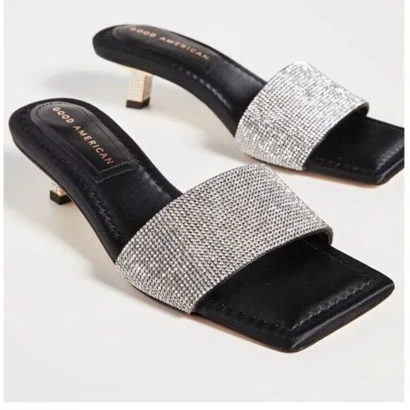 Good American Kickstand Slide Sandals Mules Black Diamanté Size 11 Shoes