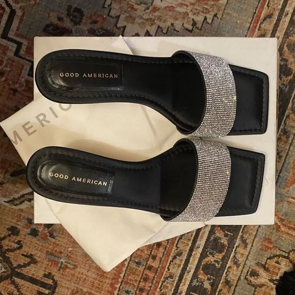 Good American Kickstand Slide Sandals Mules Black Diamanté Size 11 Shoes