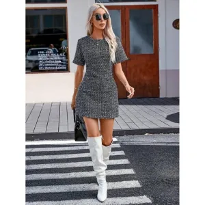 Gray Short Sleeve Tweed Mini Dress Minimalist Preppy Plazacore
