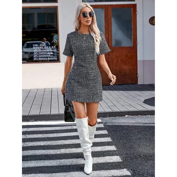 Gray Short Sleeve Tweed Mini Dress Minimalist Preppy Plazacore