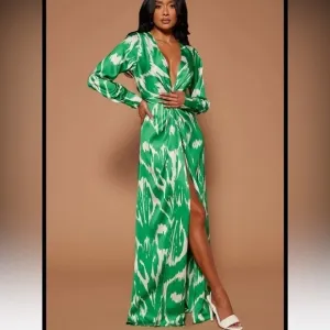Green white ,satin, luxury maxi  long sleeves dress .
