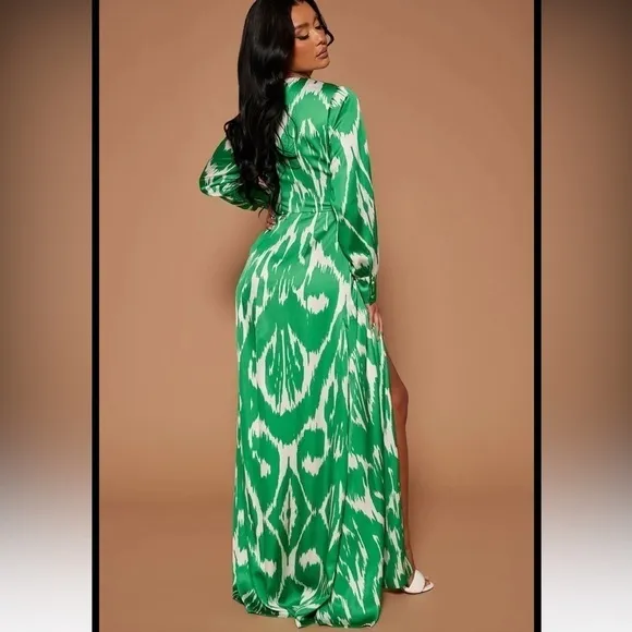 Green white ,satin, luxury maxi  long sleeves dress .