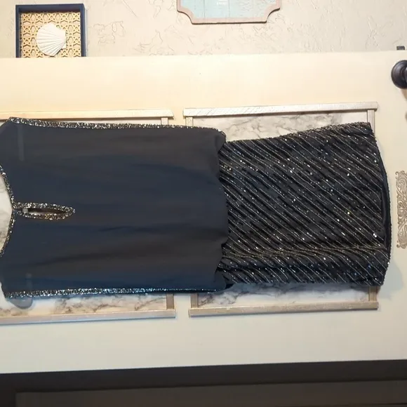Grey jkara high end luxury cocktail dress.