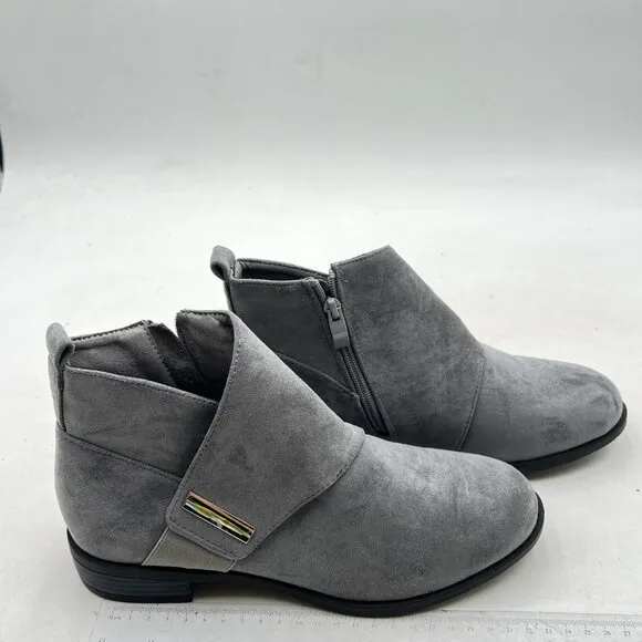 Grey Women Round Toe Slip On Ankle Boot Chic Dress Short Boots With Buckled Shoe