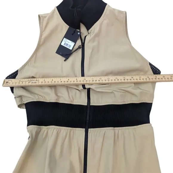 GSTQ 2 Way Zip Midi Dress NEW Womens Medium Beige Black Minimalist