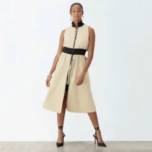 GSTQ 2 Way Zip Midi Dress NEW Womens Medium Beige Black Minimalist
