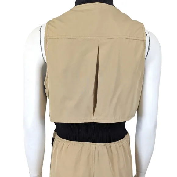 GSTQ 2 Way Zip Midi Dress NEW Womens Medium Beige Black Minimalist