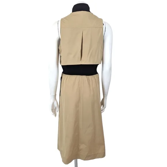 GSTQ 2 Way Zip Midi Dress NEW Womens Medium Beige Black Minimalist