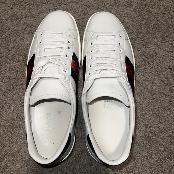 Gucci White Leather Sneakers with Red and Blue Stripes