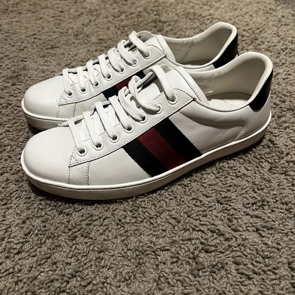 Gucci White Leather Sneakers with Red and Blue Stripes