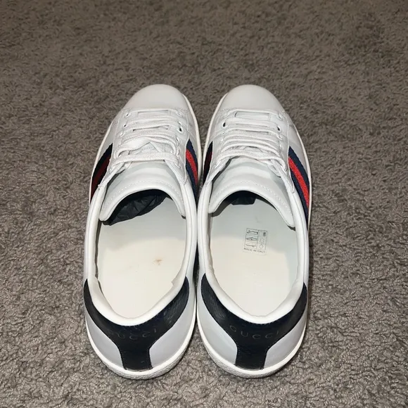 Gucci White Leather Sneakers with Red and Blue Stripes