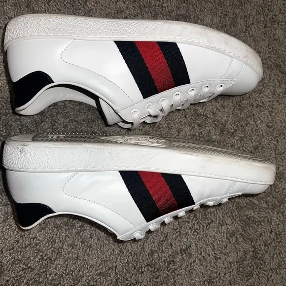 Gucci White Leather Sneakers with Red and Blue Stripes