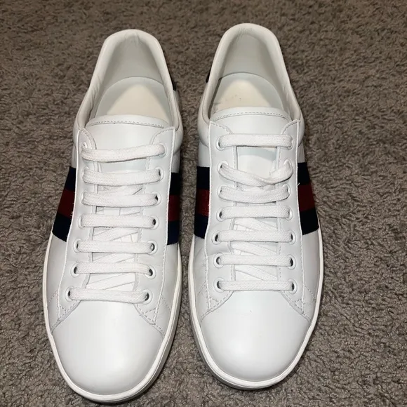 Gucci White Leather Sneakers with Red and Blue Stripes