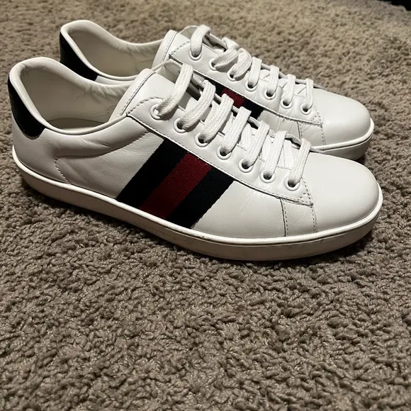 Gucci White Leather Sneakers with Red and Blue Stripes