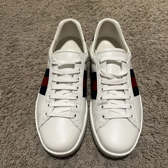 Gucci White Leather Sneakers with Red and Blue Stripes