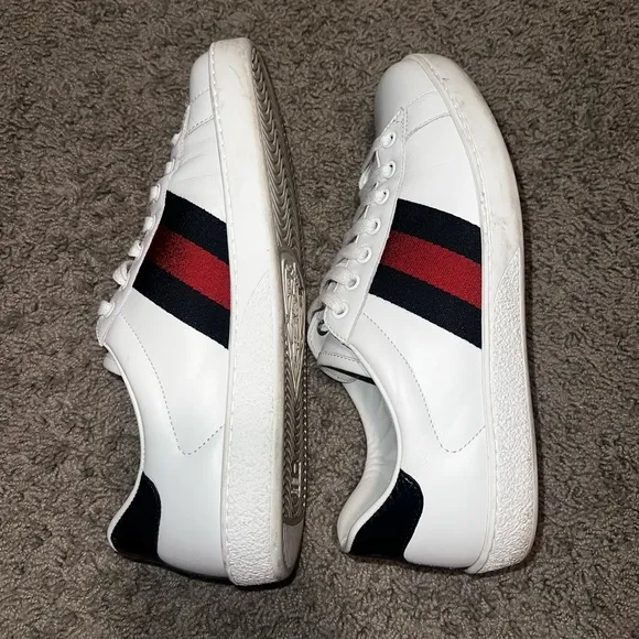 Gucci White Leather Sneakers with Red and Blue Stripes
