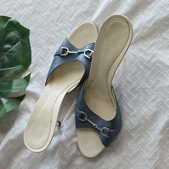 Gucci Women's Blue and Cream Heeled Sandals Summer Shoes Luxury