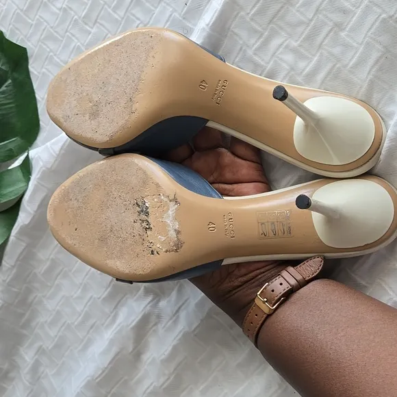 Gucci Women's Blue and Cream Heeled Sandals Summer Shoes Luxury