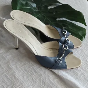 Gucci Women's Blue and Cream Heeled Sandals Summer Shoes Luxury
