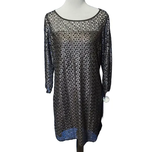 Hale Bob Black Metallic Lace Silk Blend Cocktail Dress Small NWT Quiet Luxury