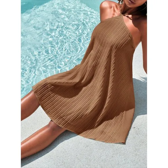 Halter neck mini dress boho minimalist ribbed stripes white
