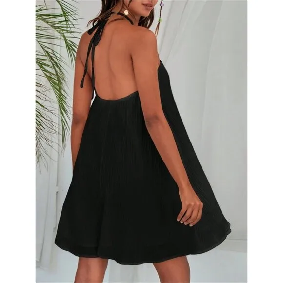 Halter neck mini dress boho minimalist ribbed stripes white