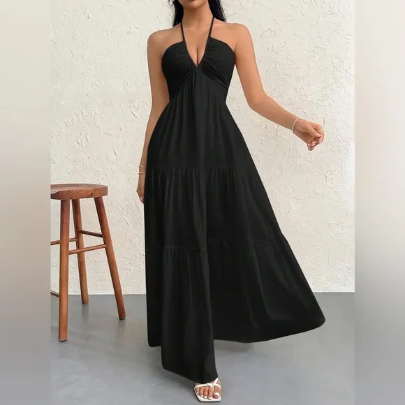 Halter v neck textured tiered maxi dress tie back minimalist boho white