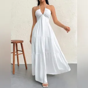 Halter v neck textured tiered maxi dress tie back minimalist boho white