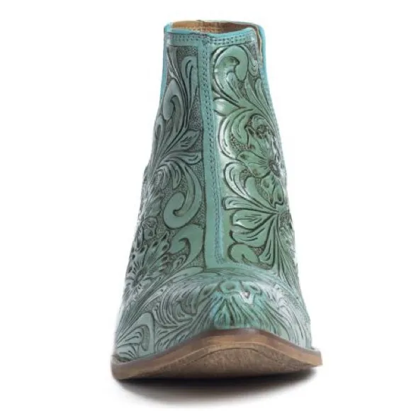 🔥Hand Tooled Genuine Leather Women Bootie Boot Boho Western Shoe Teal Turquoise