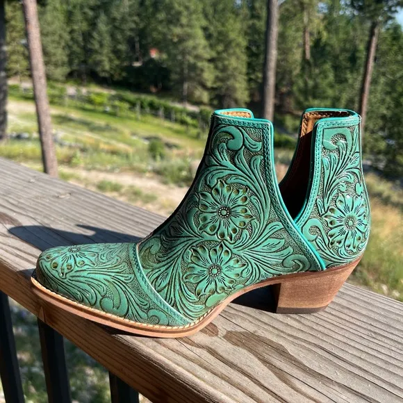 🔥Hand Tooled Genuine Leather Women Bootie Boot Boho Western Shoe Teal Turquoise