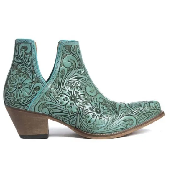 🔥Hand Tooled Genuine Leather Women Bootie Boot Boho Western Shoe Teal Turquoise