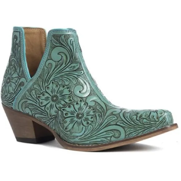 🔥Hand Tooled Genuine Leather Women Bootie Boot Boho Western Shoe Teal Turquoise