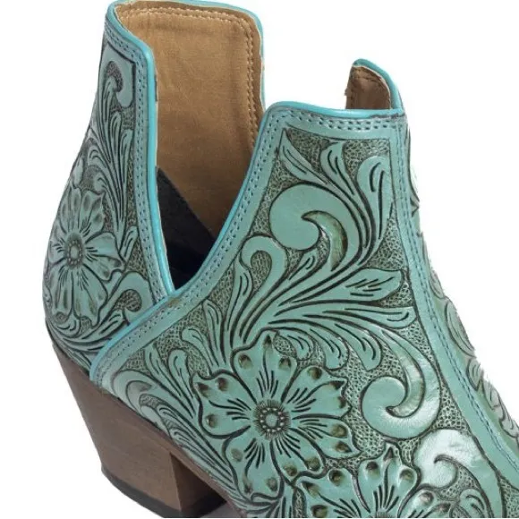 🔥Hand Tooled Genuine Leather Women Bootie Boot Boho Western Shoe Teal Turquoise