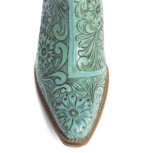 🔥Hand Tooled Genuine Leather Women Bootie Boot Boho Western Shoe Teal Turquoise