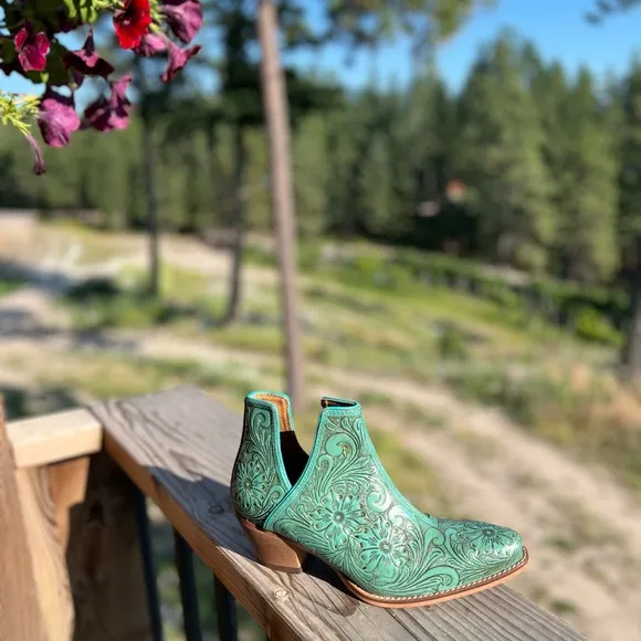 🔥Hand Tooled Genuine Leather Women Bootie Boot Boho Western Shoe Teal Turquoise