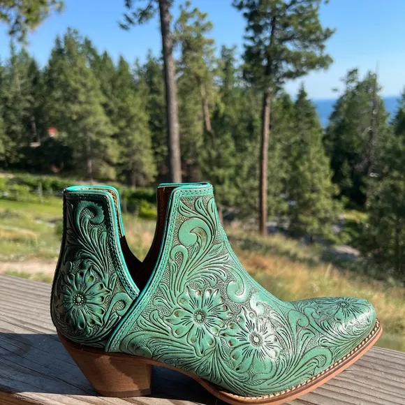 🔥Hand Tooled Genuine Leather Women Bootie Boot Boho Western Shoe Teal Turquoise