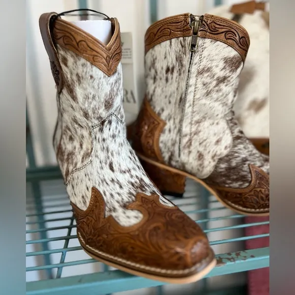 💯Hand Tooled Leather Genuine Cowhide Women Bootie Boot Boho Western Shoe Rodeo 7