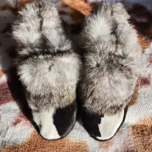Handmade Calf Skin Slipper Moccasins with Rabbit Fur Trim Size 5