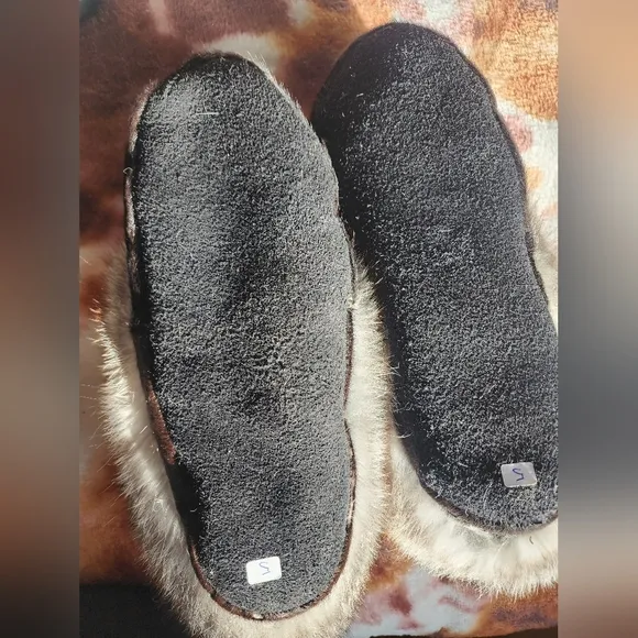 Handmade Calf Skin Slipper Moccasins with Rabbit Fur Trim Size 5