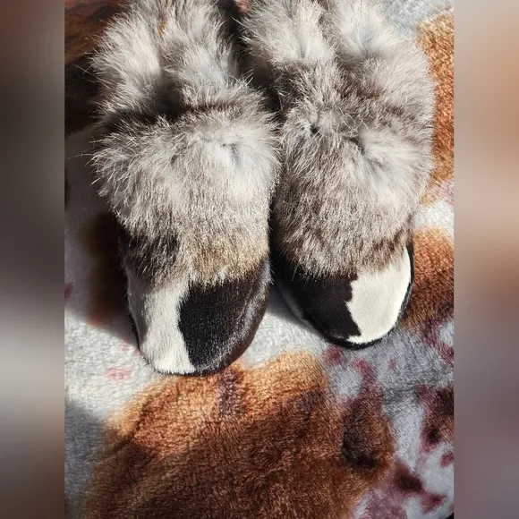 Handmade Calf Skin Slipper Moccasins with Rabbit Fur Trim Size 5