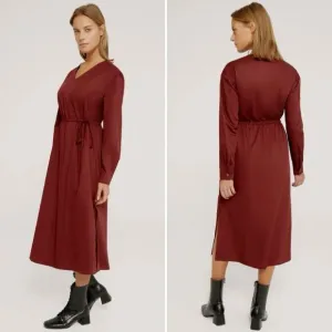 HARSHMAN Belinda Midi Dress Burgundy 100% Cotton Drawstring Classic Fit Med NEW