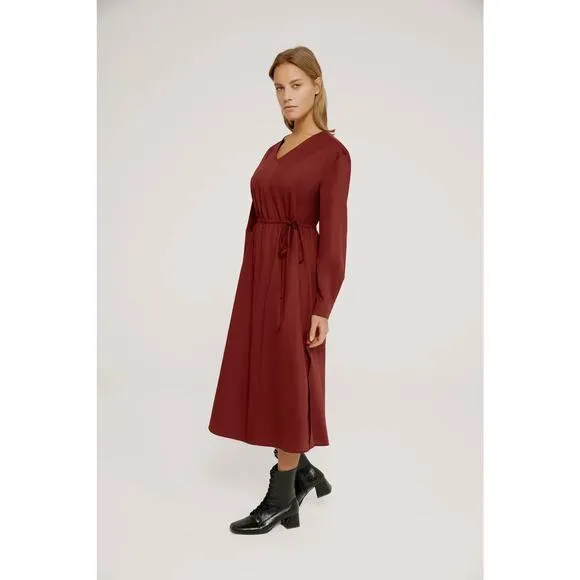 HARSHMAN Belinda Midi Dress Burgundy 100% Cotton Drawstring Classic Fit Med NEW