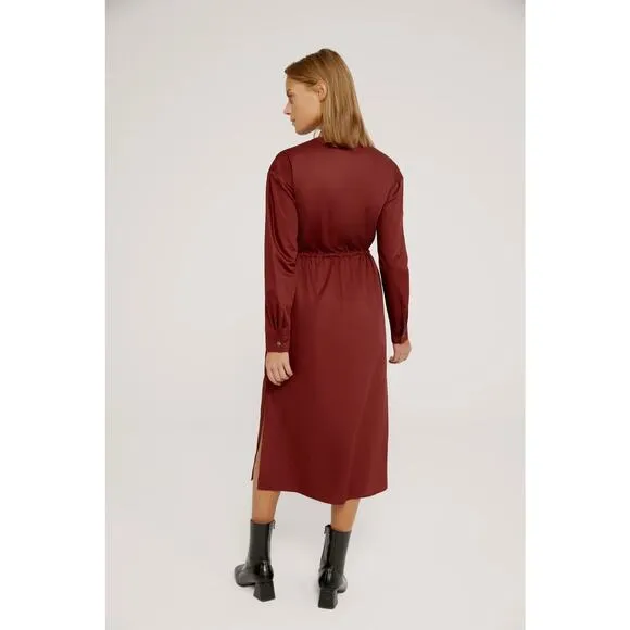 HARSHMAN Belinda Midi Dress Burgundy 100% Cotton Drawstring Classic Fit Med NEW