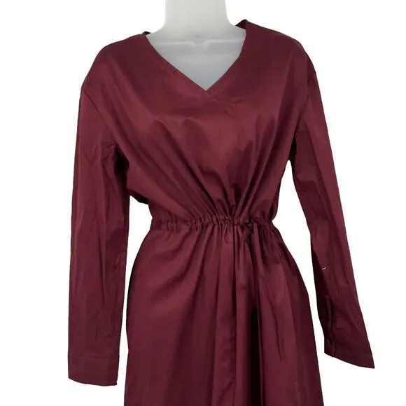 HARSHMAN Belinda Midi Dress Burgundy 100% Cotton Drawstring Classic Fit Med NEW
